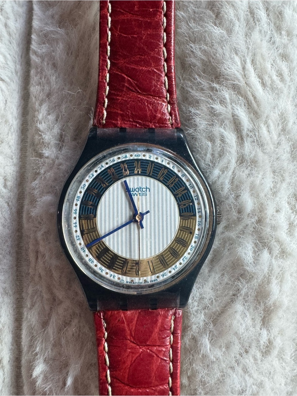 Vintage Swatch Swiss Watch Red Leather Strap Vertical Pinstripe Dial 1993